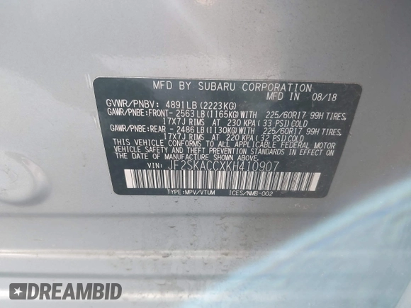 2019 Subaru Forester with VIN JF2SKACCXKH410907, listed as a IAAI auction lot 41810598 with 66,753 mi miles. Bid and sale history available at carsss.com. Image 9.