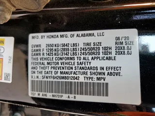 2021 Honda Pilot Special Edition with VIN 5FNYF6H26MB012042, listed as a Copart auction lot 57821725 with Not provided miles and Salvage title. Bid and sale history available at DreamBid. Image 13.