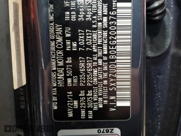 2014 Hyundai Santa Fe z VIN 5XYZUDLB0EG200376, wystawiony jako Copart lot #53634165 z przebiegiem 64 561 mil mil oraz Szkoda całkowita • Salvage title. Historia ofert i sprzedaży dostępna na DreamBid. Obrazek 14.