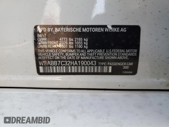 2017 BMW 3 Series 340i xDrive with VIN WBA8B7C32HA190043, listed as a Copart auction lot 69760234 with Not Provided miles and Salvage Title. Bid and sale history available at carsss.com. Image 15.