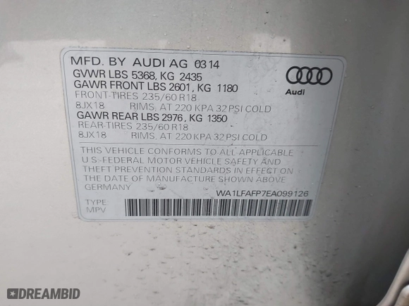 2014 Audi Q5 Premium Plus with VIN WA1LFAFP7EA099126, listed as a IAAI auction lot 41802414 with 105,906 mi miles. Bid and sale history available at carsss.com. Image 9.