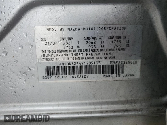 2007 Mazda Mazda3 i Sport with VIN JM1BK32F471705135, listed as a Copart auction lot 44245465 with 236,041 mi miles and Salvage Title. Bid and sale history available at carsss.com. Image 12.