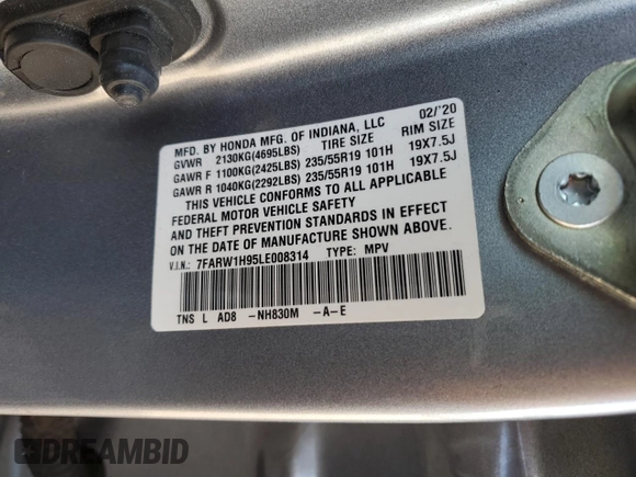 2020 Honda CR-V Touring with VIN 7FARW1H95LE008314, listed as a Copart auction lot 82454314 with 64,444 mi miles and Salvage Title. Bid and sale history available at carsss.com. Image 15.