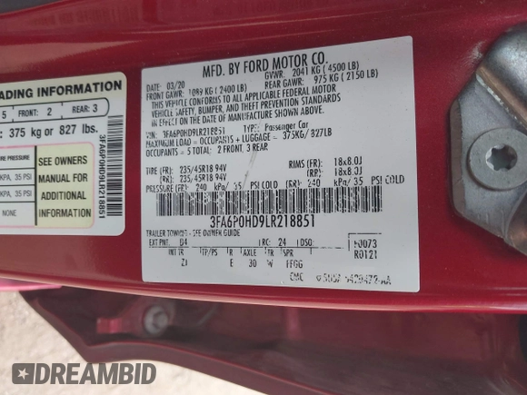 2020 Ford Fusion SE with VIN 3FA6P0HD9LR218851, listed as a IAAI auction lot 42386630 with 78,773 mi miles and . Bid and sale history available at DreamBid. Image 9.