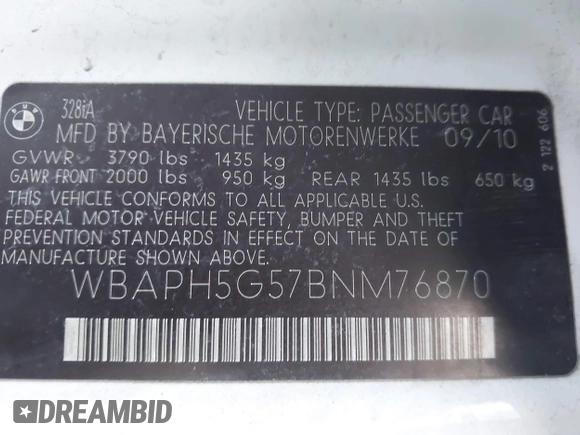 2011 BMW 3 Series 328i with VIN WBAPH5G57BNM76870, listed as a IAAI auction lot 41900288 with 191,609 mi miles and . Bid and sale history available at carsss.com. Image 9.