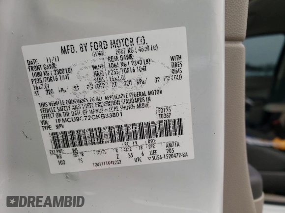 2012 Ford Escape XLS z VIN 1FMCU9C72CKB33801, wystawiony jako Copart lot #84003994 z przebiegiem 49 163 mil mil oraz Czysty tytuł • Clean title. Historia ofert i sprzedaży dostępna na DreamBid. Obrazek 14.