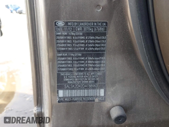2013 Land Rover Range Rover Sport HSE Lux with VIN SALSK2D42DA788963, listed as a IAAI auction lot 42526592 with 150,522 mi miles and . Bid and sale history available at DreamBid. Image 9.