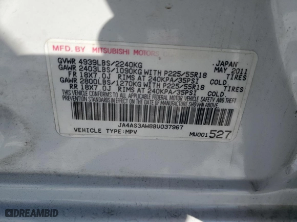 2011 Mitsubishi Outlander SE with VIN JA4AS3AW8BU037967, listed as a Copart auction lot 89248945 with 0 mi miles and Clean Title. Bid and sale history available at carsss.com. Image 13.