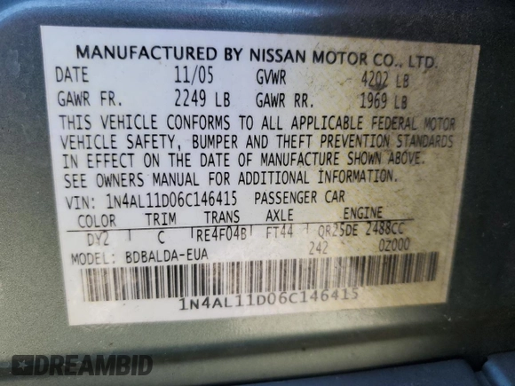 2006 Nissan Altima 2.5 S with VIN 1N4AL11D06C146415, listed as a Copart auction lot 45958895 with 0 mi miles and Salvage Title. Bid and sale history available at carsss.com. Image 13.