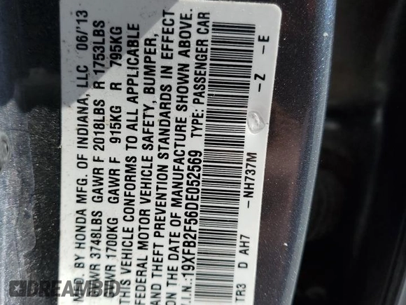 2013 Honda Civic LX with VIN 19XFB2F56DE052569, listed as a Copart auction lot 48957345 with 194,649 mi miles and Salvage Title. Bid and sale history available at DreamBid. Image 12.