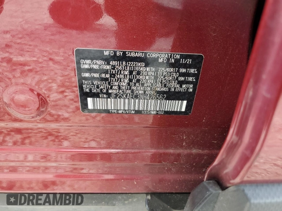 2022 Subaru Forester Premium with VIN JF2SKAEC3NH426562, listed as a Copart auction lot 57149855 with 55,280 mi miles and Salvage title. Bid and sale history available at DreamBid. Image 13.