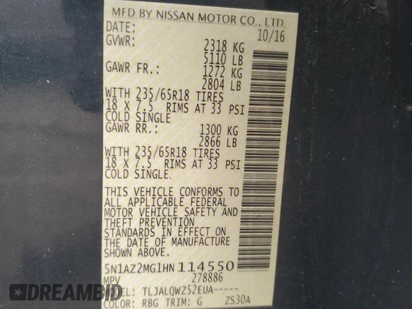 2017 Nissan Murano SV with VIN 5N1AZ2MG1HN114550, listed as a Copart auction lot 80918854 with 158,753 mi miles and Salvage Title. Bid and sale history available at carsss.com. Image 15.