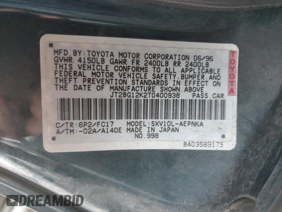 1996 Toyota Camry DX with VIN JT2BG12K2T0400938, listed as a Copart auction lot 42264365 with 98,349 mi miles and Salvage Title. Bid and sale history available at carsss.com. Image 12.