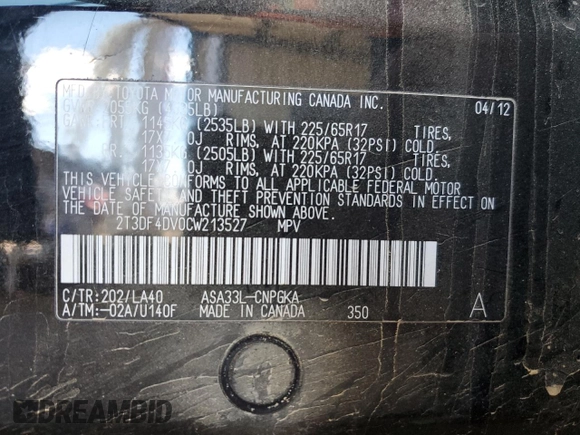 2012 Toyota RAV4 Limited z VIN 2T3DF4DV0CW213527, wystawiony jako Copart lot #55662055 z przebiegiem 91 398 mil mil oraz Szkoda całkowita • Salvage title. Historia ofert i sprzedaży dostępna na DreamBid. Obrazek 13.