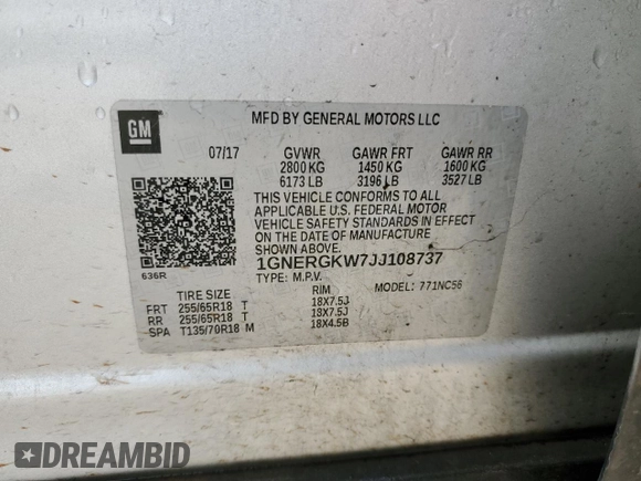 2018 Chevrolet Traverse LT Cloth with VIN 1GNERGKW7JJ108737, listed as a Copart auction lot 56896954 with 224,041 mi miles and Salvage Title. Bid and sale history available at carsss.com. Image 13.