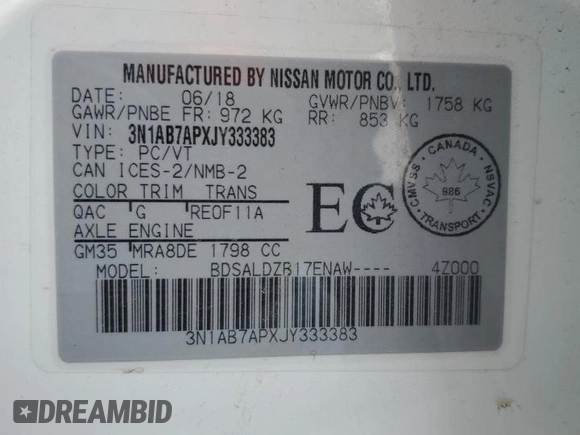 2018 Nissan Sentra S with VIN 3N1AB7APXJY333383, listed as a Copart auction lot 55269135 with 82,780 mi miles and Clean Title. Bid and sale history available at DreamBid. Image 12.