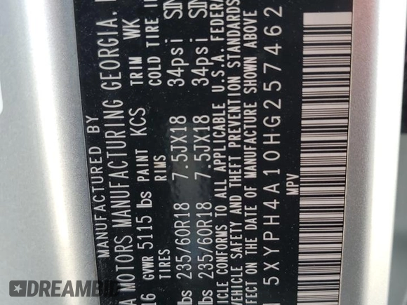 2017 Kia Sorento EX with VIN 5XYPH4A10HG257462, listed as a Copart auction lot 58009615 with 36,449 mi miles and Salvage title. Bid and sale history available at DreamBid. Image 13.