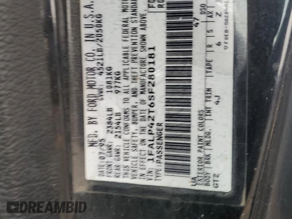 1995 Ford Mustang GT with VIN 1FALP42T6SF280181, listed as a Copart auction lot 43756215 with 57,522 mi miles and Salvage title. Bid and sale history available at DreamBid. Image 12.