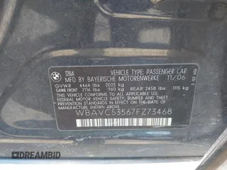 2007 BMW 3 Series 328i with VIN WBAVC53567FZ73468, listed as a IAAI auction lot 42750425 with 174,381 mi miles and . Bid and sale history available at DreamBid. Image 9.
