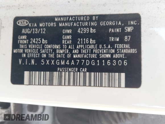 2013 Kia Optima LX with VIN 5XXGM4A77DG116306, listed as a IAAI auction lot 41872854 with 204,101 mi miles and . Bid and sale history available at carsss.com. Image 9.
