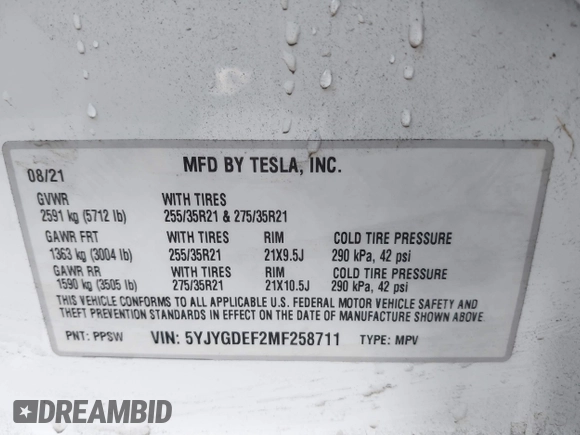 2021 Tesla Model Y Performance with VIN 5YJYGDEF2MF258711, listed as a IAAI auction lot 41367832 with 47,662 mi miles and . Bid and sale history available at DreamBid. Image 9.