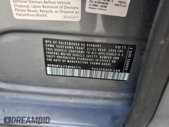 2014 Volkswagen Golf TDI w/Sunroof & Nav z VIN WVWDM7AJ7EW003715, wystawiony jako Copart lot #79524694 z przebiegiem Nie podano mil oraz Szkoda całkowita • Salvage title. Historia ofert i sprzedaży dostępna na DreamBid. Obrazek 12.