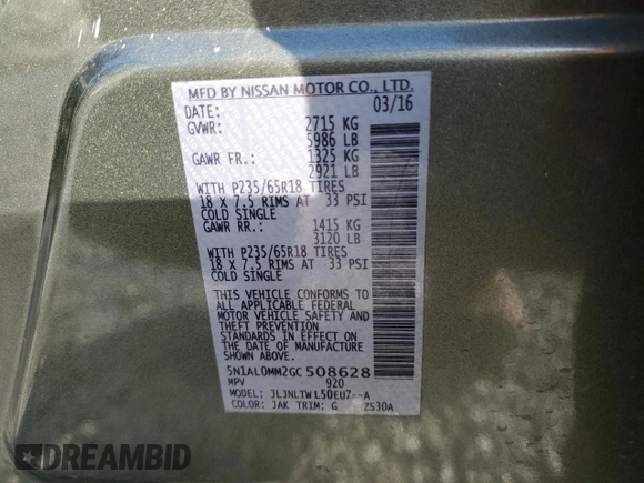 2016 Infiniti QX60 with VIN 5N1AL0MM2GC508628, listed as a Copart auction lot 85034354 with 117,245 mi miles and Salvage Title. Bid and sale history available at DreamBid. Image 15.