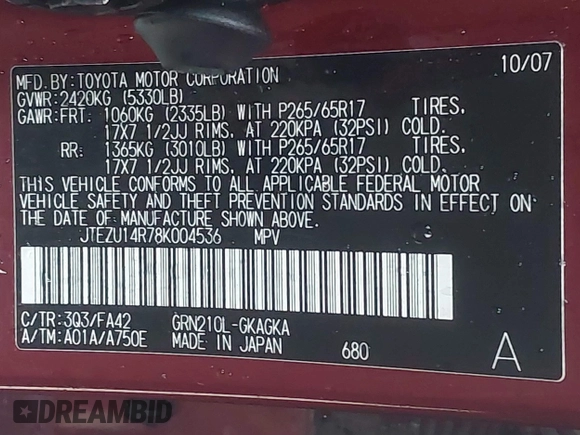 2008 Toyota 4Runner SR5 with VIN JTEZU14R78K004536, listed as a IAAI auction lot 41542110 with 219,297 mi miles. Bid and sale history available at carsss.com. Image 9.
