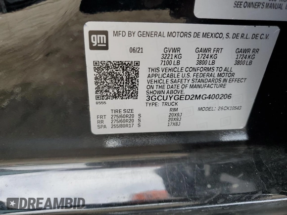 2021 Chevrolet Silverado 1500 LTZ with VIN 3GCUYGED2MG400206, listed as a Copart auction lot 44011685 with 52,249 mi miles and Salvage Title. Bid and sale history available at DreamBid. Image 12.