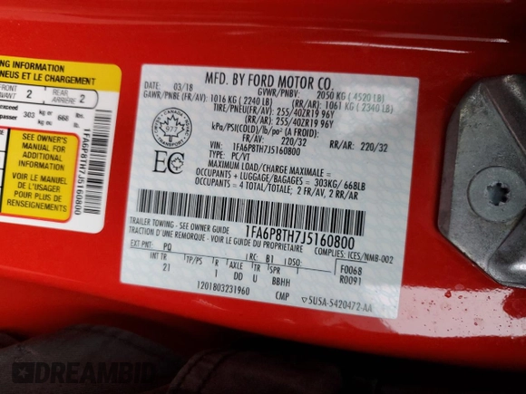 2018 Ford Mustang EcoBoost z VIN 1FA6P8TH7J5160800, wystawiony jako Copart lot #84104374 z przebiegiem 41 983 mil mil oraz Nie do naprawy • Non repairable. Historia ofert i sprzedaży dostępna na DreamBid. Obrazek 14.