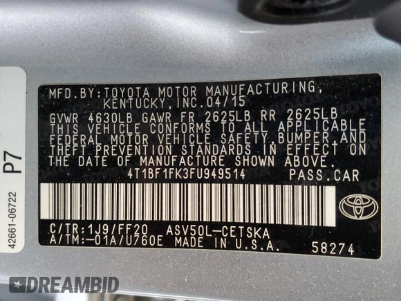 2015 Toyota Camry XLE with VIN 4T1BF1FK3FU949514, listed as a Copart auction lot 53037825 with 145,114 mi miles and Salvage Title. Bid and sale history available at carsss.com. Image 14.