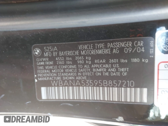 2005 BMW 5 Series 525i with VIN WBANA53595B857210, listed as a IAAI auction lot 42200171 with 321,128 mi miles and . Bid and sale history available at DreamBid. Image 9.