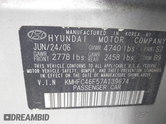 2007 Hyundai Azera SE z VIN KMHFC46F57A139674, wystawiony jako IAAI lot #42367838 z przebiegiem 257 981 mil mil oraz . Historia ofert i sprzedaży dostępna na DreamBid. Obrazek 9.