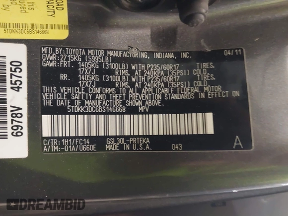 2011 Toyota Sienna LE AAS with VIN 5TDKK3DC6BS146668, listed as a IAAI auction lot 41391747 with 223,365 mi miles. Bid and sale history available at carsss.com. Image 9.