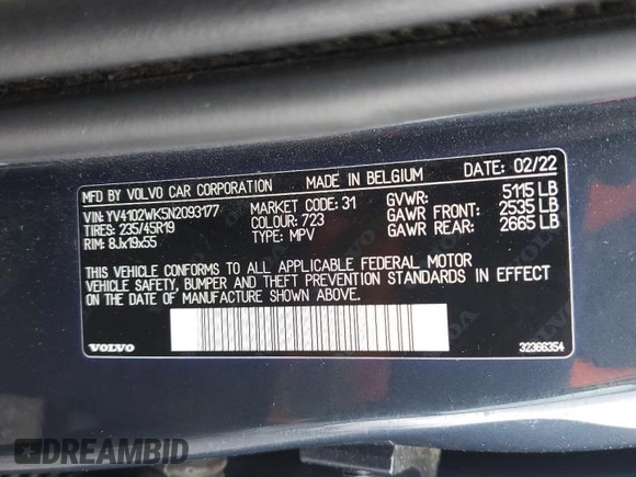 2022 Volvo V60 with VIN YV4102WK5N2093177, listed as a Copart auction lot 57644385 with 66,550 mi miles and Salvage title. Bid and sale history available at DreamBid. Image 13.
