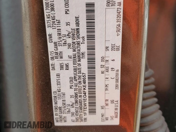 2015 Ford F-150 XLT с VIN 1FTEW1EG4FKE48657, выставлен на аукционе Copart как лот 60234295 с пробегом 191 314 миль миль и Списание • Salvage title. История ставок и продаж доступна на DreamBid. Изображение 13.