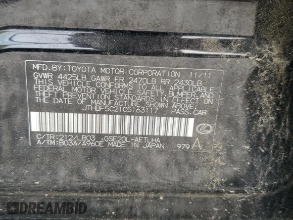2012 Lexus IS 250 with VIN JTHBF5C21C5163117, listed as a Copart auction lot 54018855 with 302,617 mi miles and Clean title. Bid and sale history available at DreamBid. Image 12.