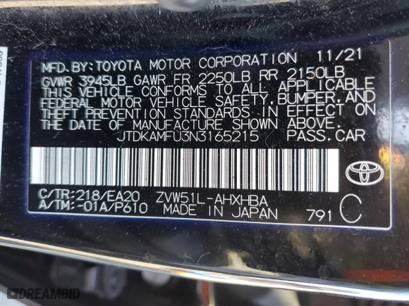 2022 Toyota Prius L Eco with VIN JTDKAMFU3N3165215, listed as a Copart auction lot 47499305 with 17,455 mi miles and Salvage Title. Bid and sale history available at carsss.com. Image 15.