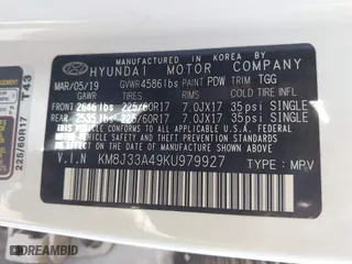 2019 Hyundai Tucson Value with VIN KM8J33A49KU979927, listed as a IAAI auction lot 41818355 with 96,208 mi miles. Bid and sale history available at carsss.com. Image 9.