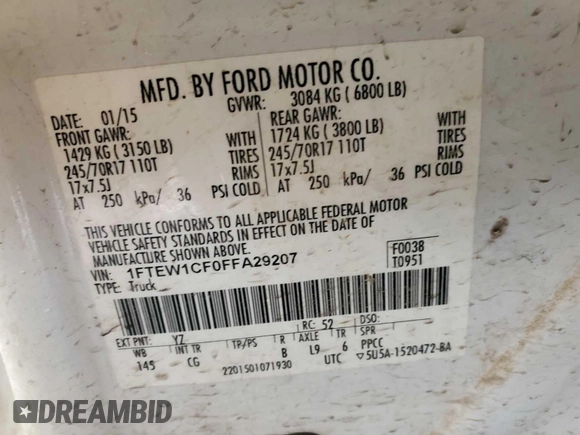2015 Ford F-150 XL with VIN 1FTEW1CF0FFA29207, listed as a IAAI auction lot 42610387 with 281,535 mi miles and . Bid and sale history available at DreamBid. Image 20.