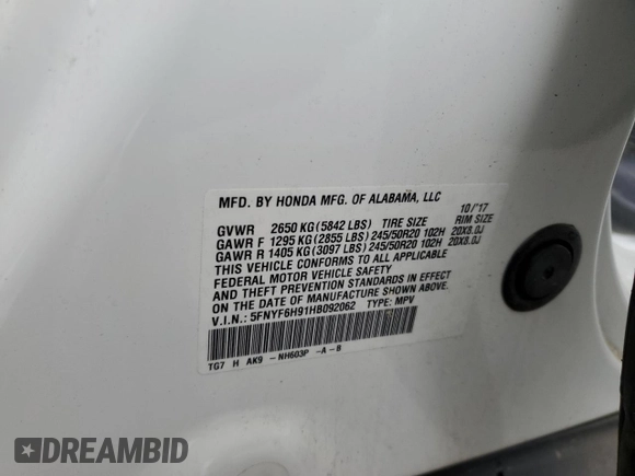 2017 Honda Pilot Touring with VIN 5FNYF6H91HB092062, listed as a Copart auction lot 52761765 with 141,750 mi miles and Salvage Title. Bid and sale history available at DreamBid. Image 15.