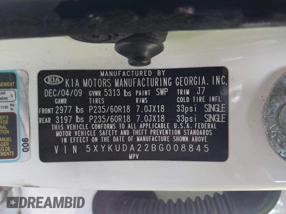 2011 Kia Sorento EX with VIN 5XYKUDA22BG008845, listed as a IAAI auction lot 41911107 with 207,362 mi miles. Bid and sale history available at carsss.com. Image 9.
