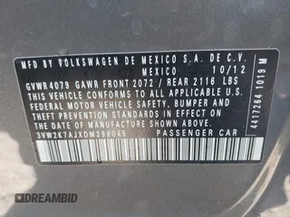 2013 Volkswagen Jetta S with VIN 3VW2K7AJXDM398045, listed as a IAAI auction lot 42712389 with 151,595 mi miles and . Bid and sale history available at DreamBid. Image 9.