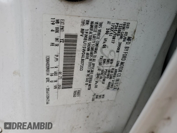 2004 Ford Expedition Special Service with VIN 1FMEU15W04LB07353, listed as a Copart auction lot 58019895 with 230,542 mi miles and Salvage title. Bid and sale history available at DreamBid. Image 13.