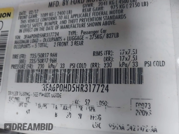 2017 Ford Fusion SE with VIN 3FA6P0HD5HR317724, listed as a IAAI auction lot 42196189 with 107,194 mi miles and . Bid and sale history available at DreamBid. Image 9.
