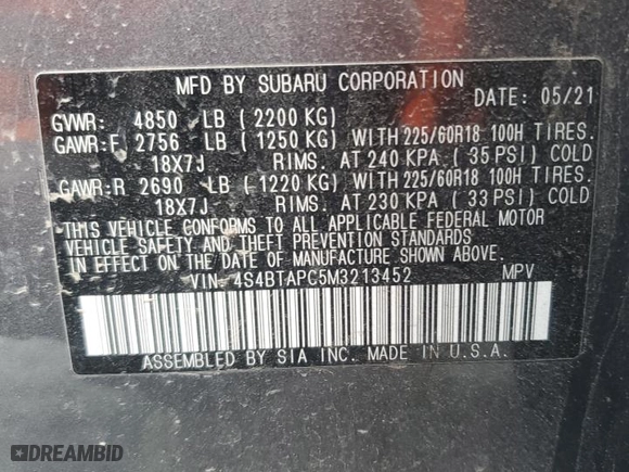 2021 Subaru Outback Touring with VIN 4S4BTAPC5M3213452, listed as a Copart auction lot 48679615 with 31,093 mi miles and Salvage Title. Bid and sale history available at carsss.com. Image 13.