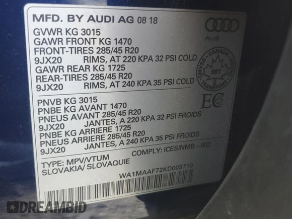 2019 Audi Q7 z VIN WA1MAAF72KD003710, wystawiony jako Copart lot #60320735 z przebiegiem 64 269 mil mil oraz Szkoda całkowita • Salvage title. Historia ofert i sprzedaży dostępna na DreamBid. Obrazek 14.