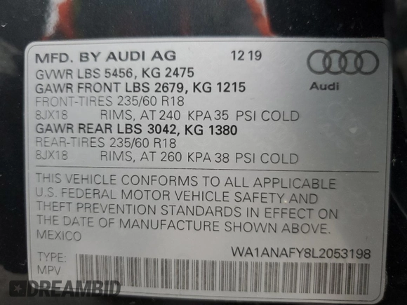 2020 Audi Q5 Premium with VIN WA1ANAFY8L2053198, listed as a Copart auction lot 55269495 with Not provided miles and Salvage title. Bid and sale history available at DreamBid. Image 14.