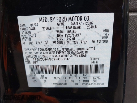 2009 Ford Escape Limited с VIN 1FMCU94G39KC30643, выставлен на аукционе IAAI как лот 42297225 с пробегом 161 758 миль миль и . История ставок и продаж доступна на DreamBid. Изображение 9.