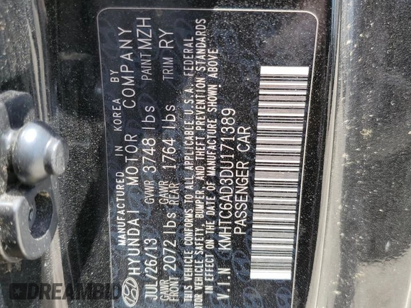 2013 Hyundai Veloster w/Black Int with VIN KMHTC6AD3DU171389, listed as a Copart auction lot 57343135 with 80,572 mi miles and Salvage title. Bid and sale history available at DreamBid. Image 12.